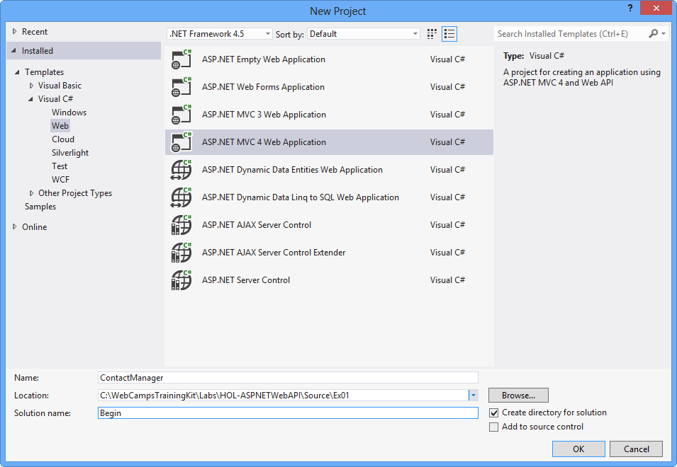 Image 1: Creating a new ASP.NET MVC 4.0 Web Application Project