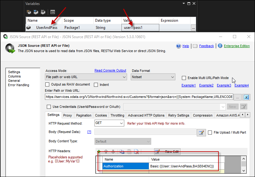SSIS JSON源任务 - 传递Base64编码的授权头