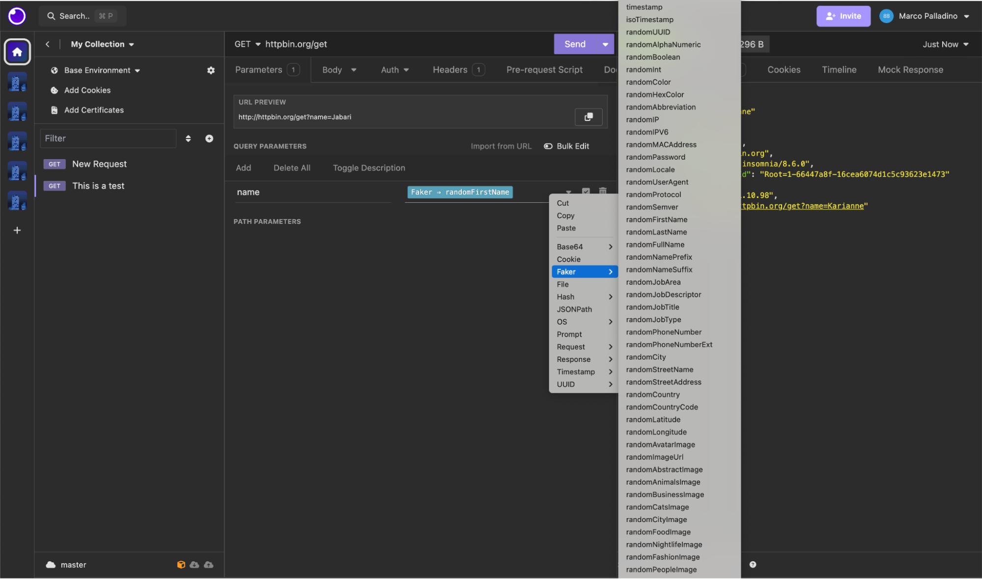 右键单击打开动态插入值的功能,包括新的 Faker.js 功能